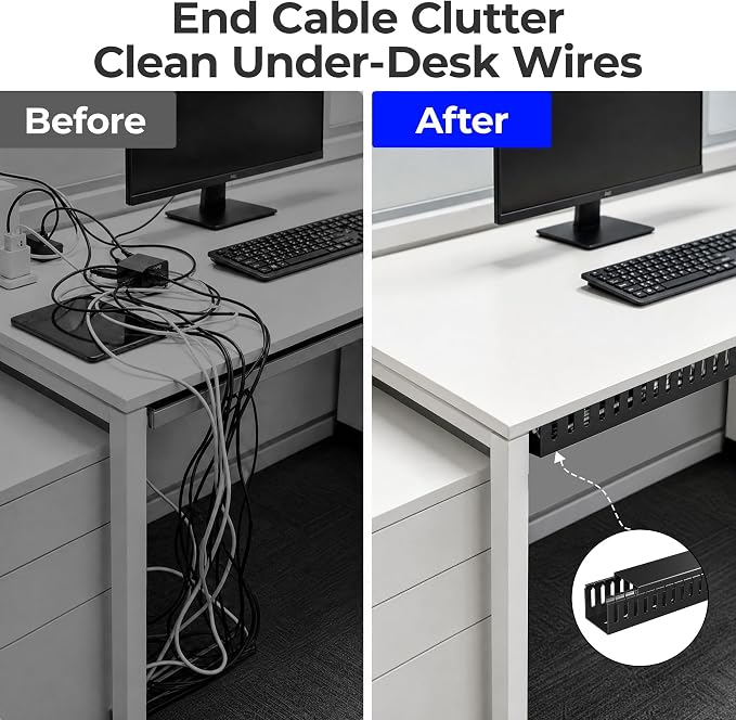 Yecaye 2 Pack Cable Management, 31in X-Large PVC Under Desk Cable Management, No-Drill Cord Hider Open Slot Wire Raceway for Computer/TVs/Networks, Cord Organizer Black