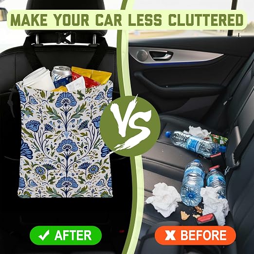 Car Garbage Bag Blue Green Floral Damask Hanging Canvas Car Trash Bag Waterproof Drawstring Car Back Seat Organizer for Car Back Front Seat Console with Adjustable Buckle