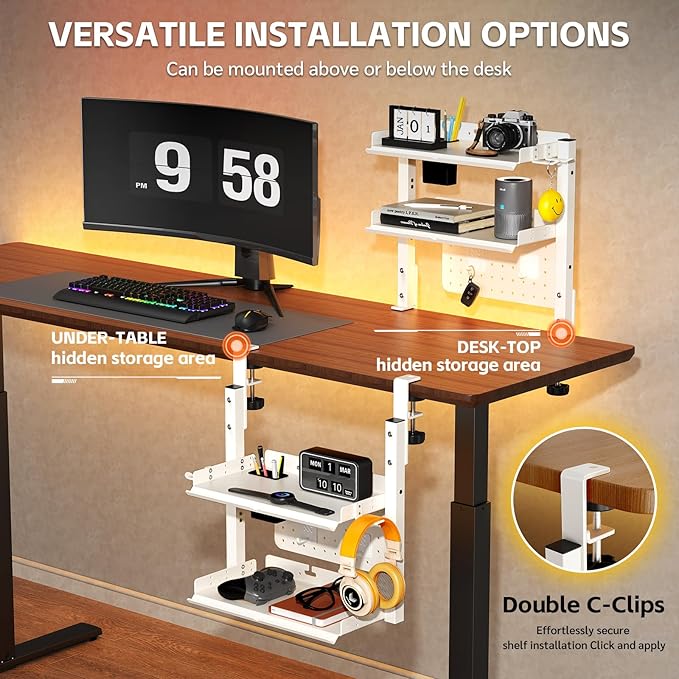 2-Tier Steel Clamp On Desk Shelf, Adjustable 16 inch Desk Storage Shelves with Pegboard and Pencil Holder,Above or Under Heavy Duty Desktop Organizer with Headphone Holder for Desk Accessories (White)