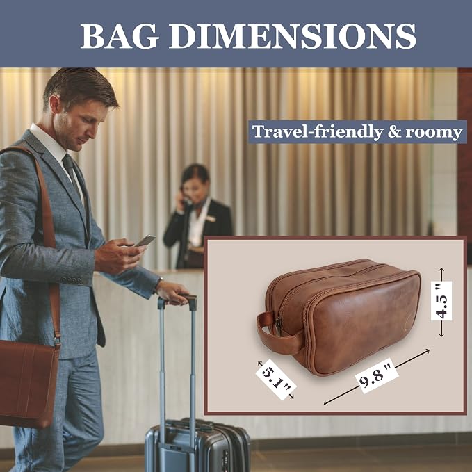Premium Men’s Toiletry Bag with Drawstring Pouch – Durable Water-Resistant Leather-Look Travel Organizer for Shaving, Grooming & Hygiene Essentials (Light Brown)