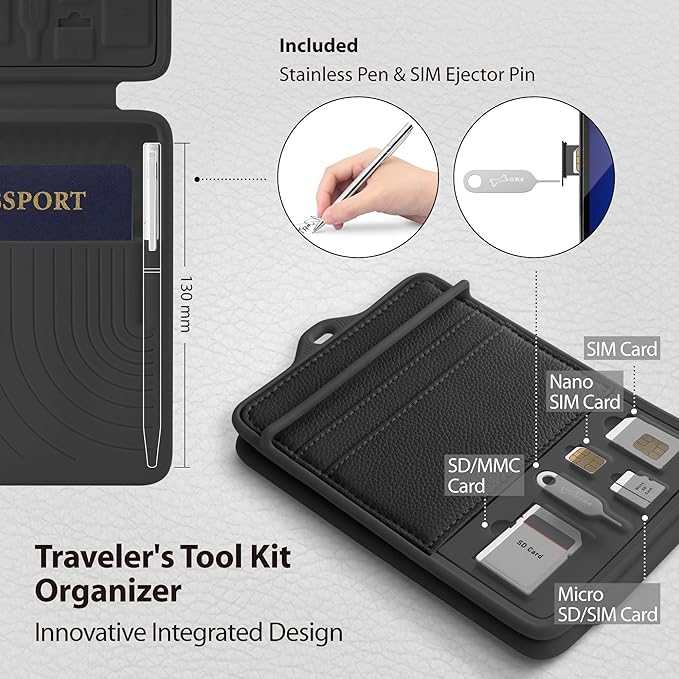 BONE Lanyard Passport Holder, Passport Cover with Travel Gadget Set & Card Slots, Duel-Sided Passport Wallet with Leather & Premium Silicone (Blue - Lanyard)
