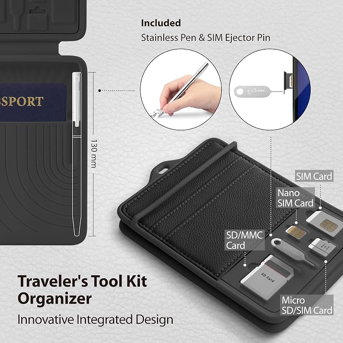 BONE Lanyard Passport Holder, Passport Cover with Travel Gadget Set & Card Slots, Duel-Sided Passport Wallet with Leather & Premium Silicone (Black - Lanyard)