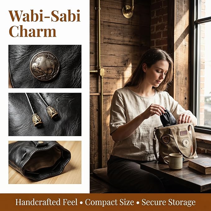 PU Drawstring Coin Purse, Vintage Faux Leather Pouch with Antique Brass Clasp, Portable Drawstring Coin Bag for Coins/Cash/Small Essentials(Black)