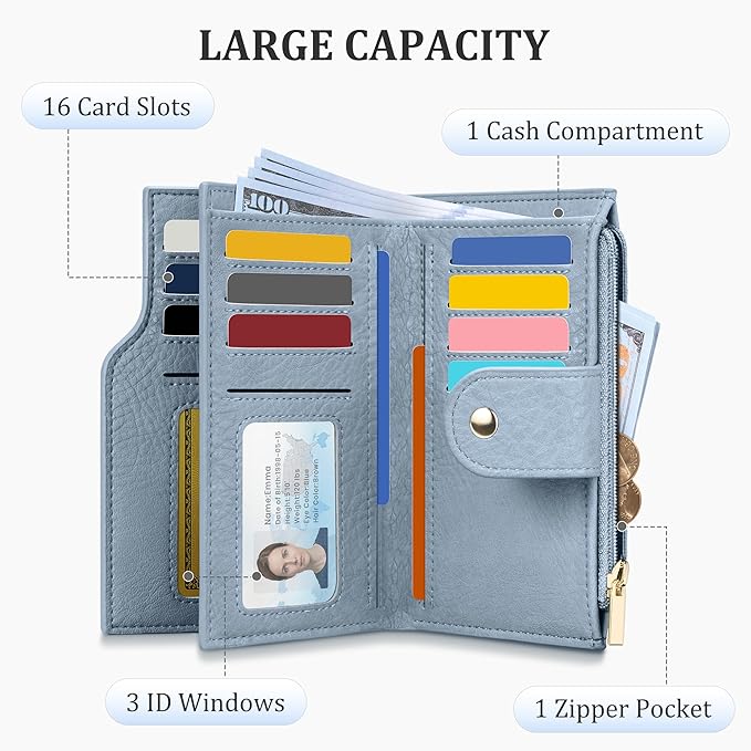 Airkit Small Women's Bifold Wallet, RFID Blocking Credit Card Holder with Zipper, Travel Cute Coin Pocket Wallet for Ladies, Blue
