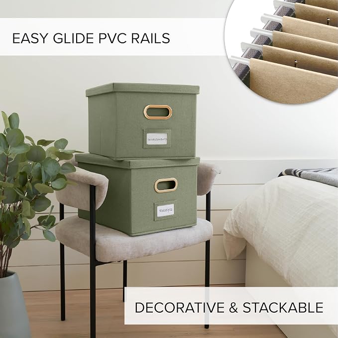 Decorative File Organizer Box Set of 2 - Collapsible Linen Filing Cabinets with Handles Are Perfect to Store All Your Documents & Hanging File Folders - Portable Easy Slide Office Crates with Lid