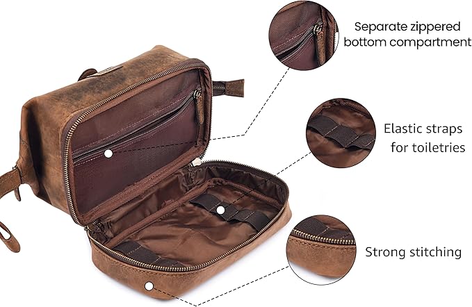 LEATHER VILLAGE Genuine Leather Dopp Kit – Large Travel Toiletry Bag with Waterproof Lining, Dual-Zip Design for Men & Women, Organizer for Shaving, Makeup & Essentials - Rustic Brown