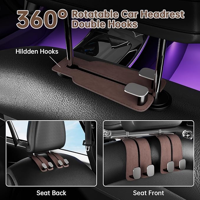 Car Purse Hook for Headrest - 2Pcs Headrest Hooks for Car Seat Back Storage,100% Leather Car Hanger with Metal Hooks,Suitable for Car Organizers and Storage,Seat,Bag,Purse(Brown)