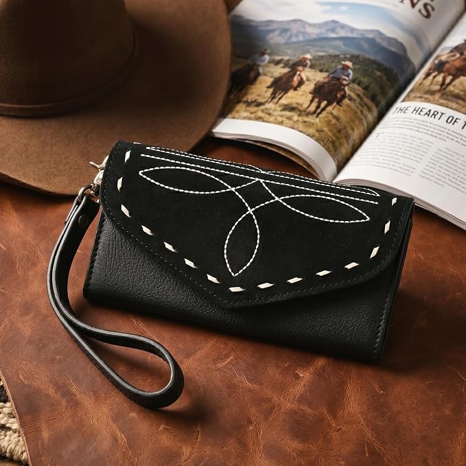 Merbaa Suede Leather Wallet for Women, Genuine Leather Wristlet Clutch with Magnetic Closure, Slim Organizer with Card Slots, Zip Coin Pocket & Compartments, Black