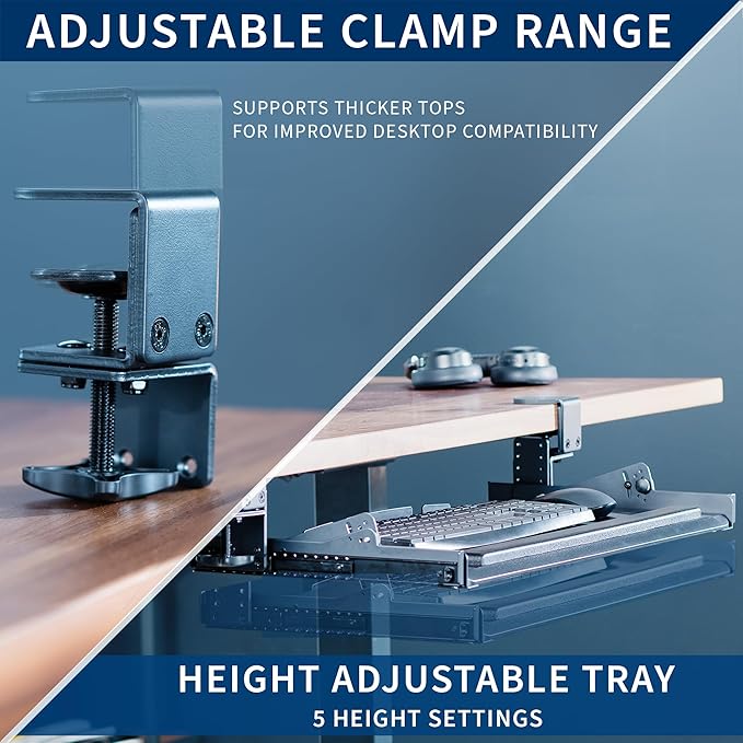 VIVO Premium Large Keyboard Tray with Height Adjustment, Tilt, Extra Sturdy Swivel C-Clamps for Corner Mounting, 27 (34 Including Clamps) x 11 inch Slide-Out Platform, Black, MOUNT-KB05HT