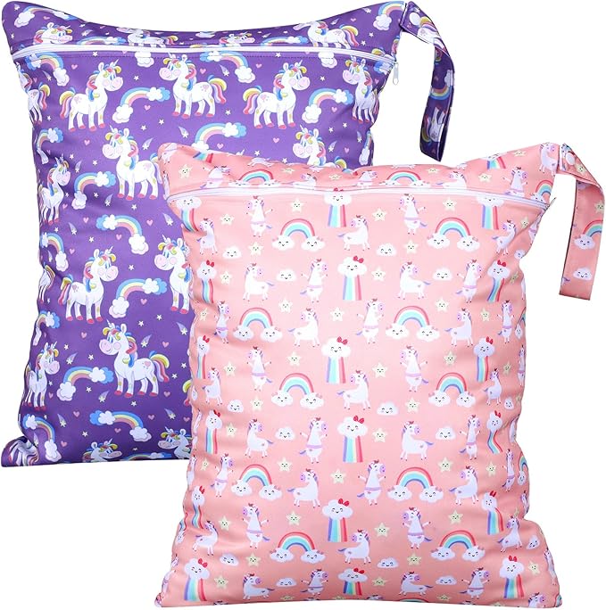 Shappy 2 Pack Large Travel Laundry Bags, Large Wet Dry Waterproof Dirty Clothes Bag for Suitcase, Swimsuit Beach Gym College Dorm Wet Bag(Unicorn)
