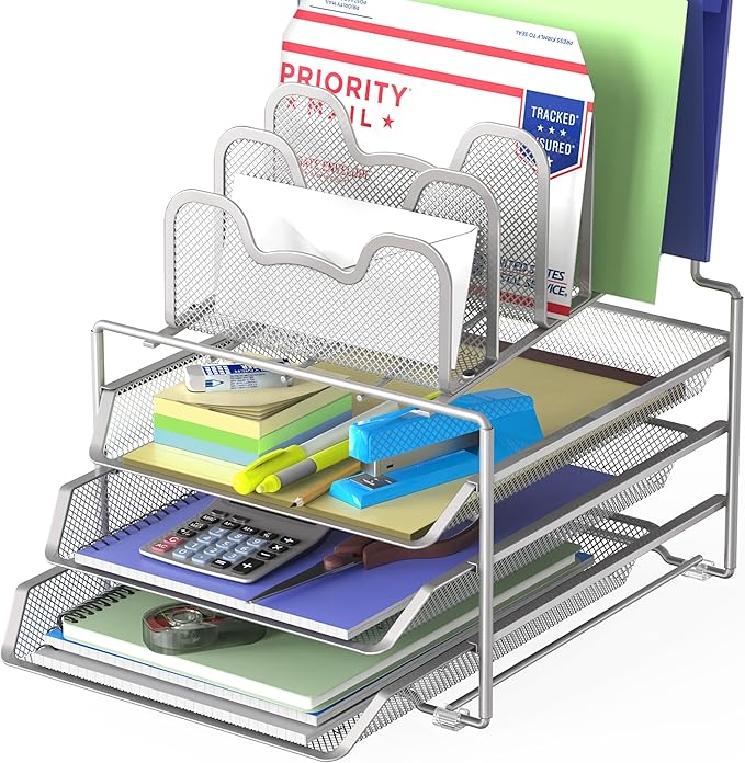 Simple Houseware Desk Organizer with 3 Sliding Tray and 5 Stacking Sections, Silver