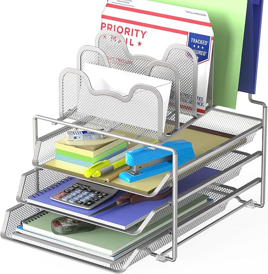 Simple Houseware Desk Organizer with 3 Sliding Tray and 5 Stacking Sections, Silver