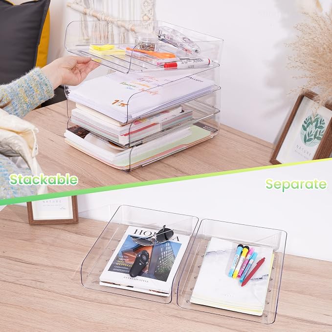 Tomorotec Desk Letter Tray Set, A4 Size Clear PET Stackable Document Organizer Office Desktop File Paper Holder Book Storage Rack Side Load Anti-Skid Stacking Support Convex Bottom (4X Portrait)