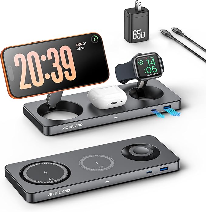 AC ISLAND 5-in-1 Qi2.2 Wireless Charger for MagSafe, 25W Foldable Magnetic Stand, Travel Charging Station for iPhone 17-12 & Air Series, Apple Watch, AirPods, with 65W GaN Adapter (Gray, for Apple)