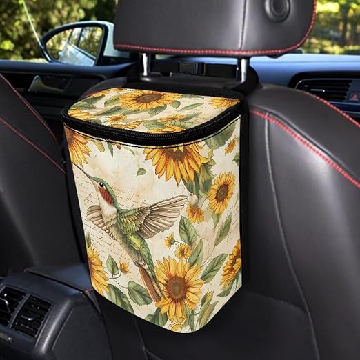 Biyejit Car Trash Can with Lid Collapsible Waterproof Car Garage Bag Reusable Hanging Automotive Garbage Bin with Adjustable Strap Car Accessories Interior Car Organizer, Sunflower Hummingbirds