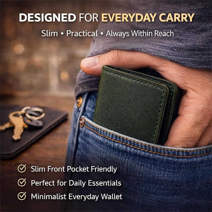 Genuine Leather Bifold Card Holder Wallet for Men & Women Slim Minimalist Front Pocket Credit Card Wallet, Compact Travel & Everyday Carry - Forest Green