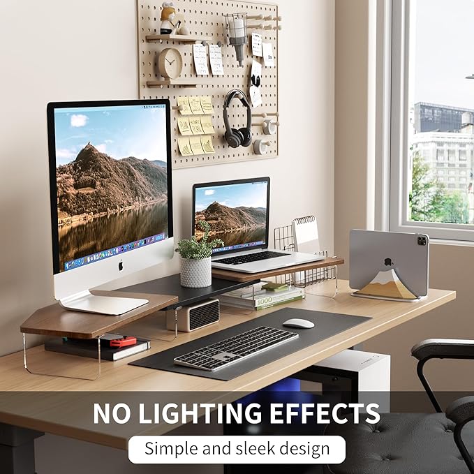 AFOOYO LED Dual Monitor Stand Riser for 2 Monitors,Office Desktop Wooden Stand Adjustable Length and Angle 3 Shelf,Extra Long Multifunctional Stand up to 44.4" for Computer,Laptop,TV,Walnut Finish