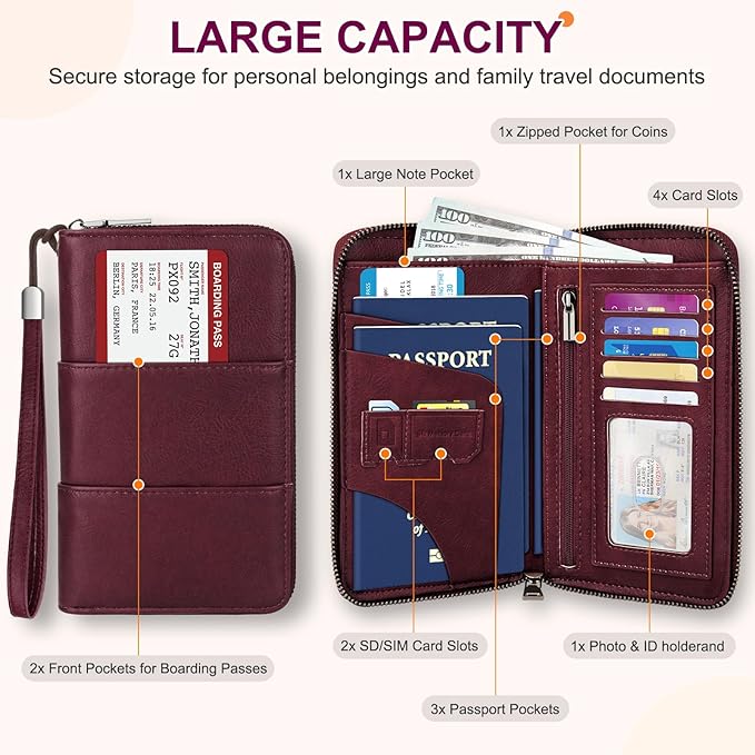 Family Passport Holder Wallet with Zipper, RFID Blocking Travel Document Organizer, PU Leather Passport Wallet for Women Men, Passport Cover Travel Wallet for Boarding Pass, ID, Money, Ticket