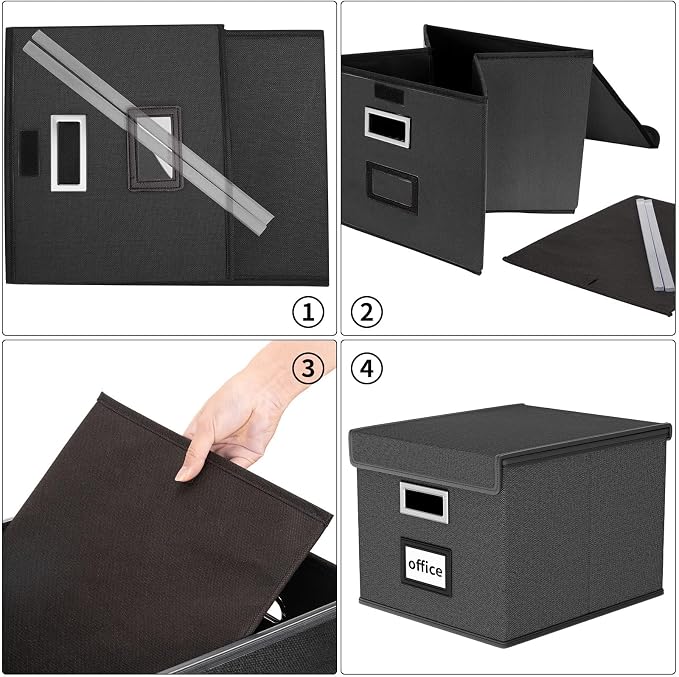 File Organizer Boxes with Lids, Collapsible Linen Hanging Filing & Storage Boxes with Plastic Slide for Office/Decor/Home, Filling System for File/Folders/Document Storage -2 Pack