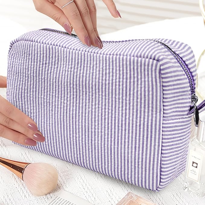GFU Cosmetic Bags for Women, Seersucker Cosmetic Bag, Travel Toiletry Stripe Makeup Bag, Large Women Aesthetic Organizer Storage Pouch, Girls Handbags Purses,Purple