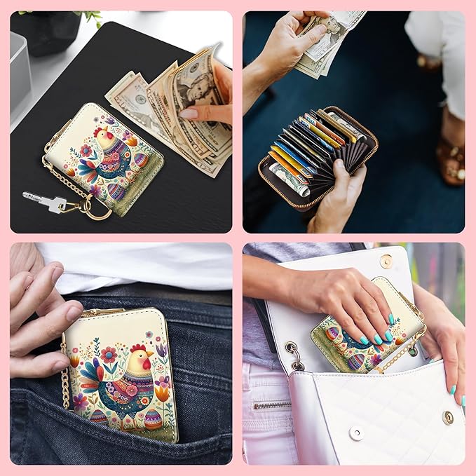 Blusabaca Chicken Flower Floral Eggs Rooster Women Credit Card Holder, Small RFID Blocking Zipper Wallet, Keychain PU Leather Card Case, Aesthetic Thanksgiving Christmas Easter Wallet Holiday Gift