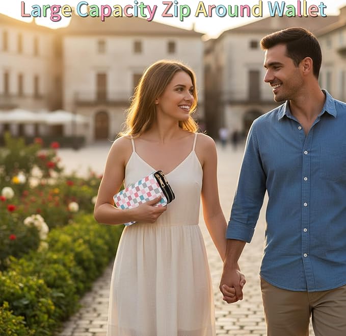 Colorful Plaid Long Wallet for Women, Dual Zipper Large Capacity PU Leather Card Holder with 12 Card Slots, Checkered Zip Around Clutch Purse for Daily Work Travel Use
