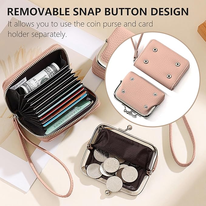 Women's Pebble Leather Wristlet Wallet, 2-in-1 Zip-Around Credit Card Holder with Kiss Lock Coin Purse, Cute Change Purse with Secure Clasp & Card Slots (Dusty Pink, Small)