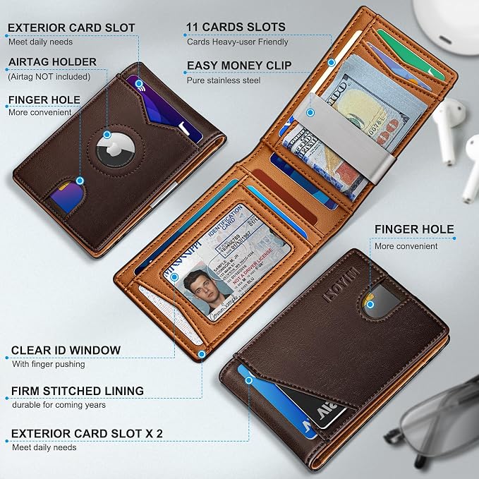 miyozi Airtag Wallet for Men,with Money Clip 11 Cards Slim Front Pocket Leather RFID Blocking Wallet with Gift Box