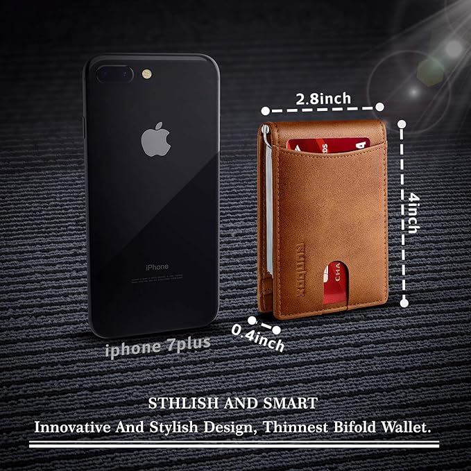 RUNBOX Slim Wallet for Men Genuine Leather RFID Blocking Bifold Minimalist Front Pocket Mens Wallet with Money Clip Thin Gift Box