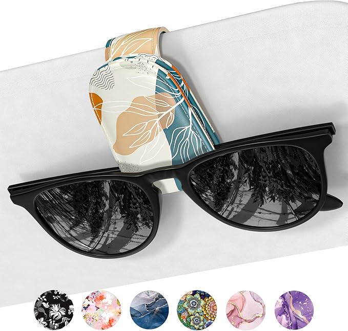 Sunglasses Holder for Car Visor, Magnetic Leather Car Sunglass Holder, Car Sun Visor Glasses Hanger Clip, Car Interior Accessories for Women Men, Fits All Size Eyeglasses