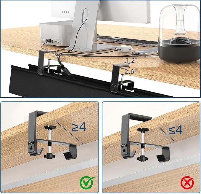 No Drill Under Desk Cable Management Tray, 28" Fabric Cord Hider for Wire Organizer, Clamp/Screw Mount Desk Cable Management, Cable Raceways Tray Cord Hiders for Office/Home