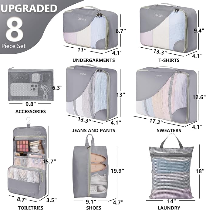 8 Set Packing Cubes for Travel, Gifts for Women Mom,Anti-Tearing Suitcase Organizer,OlarHike Vacation Essentials & Accessories for Cruise Ship