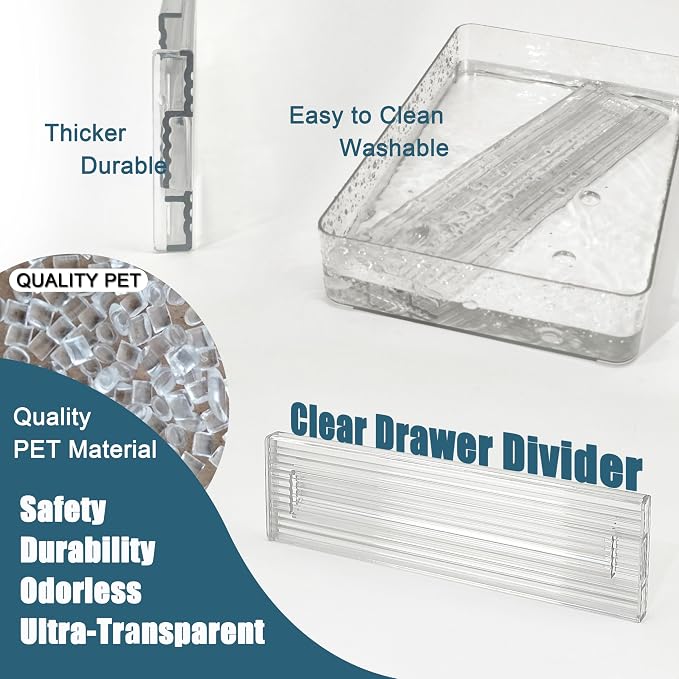 Expandable Clear Drawer Dividers - 3.1'' Height, 11-19'' Adjustable Drawer Separators, Expandable Dresser Organizers in Bedroom, Bathroom, Closet, Clothing, Office, Kitchen Storage