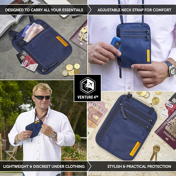 VENTURE 4TH Slim Passport Holder Neck Pouch with RFID Blocking Travel Neck Wallet and a Nylon Lining (Navy)