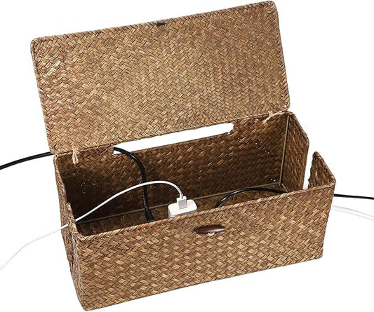 BTSKY Woven Cable Management Box with Lid, Seagrass Cord Organizer with 2 Open Slots for Power Strips & USB Hubs, Under Desk Cord Hider Box for Home Office, Pet Proofing Wire Basket, Large