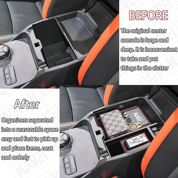 HGWEI Center Console Organizer Tray Compatible with 2024 2025 2026 Ford Ranger & Ranger Raptor Interior Accessories, Coin Container Armrest Storage Box(Electric handbrake Version), Red
