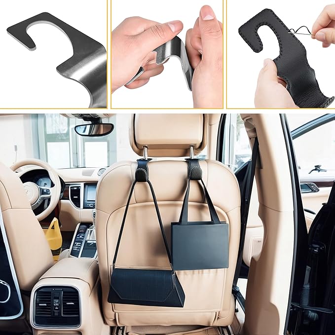 EldHus Headrest Hooks for Purses and Bags, 2 Pack Car Seat Hooks for Grocery Bag Handbag, Metal Car Purse Holder Covered by Leather, Black