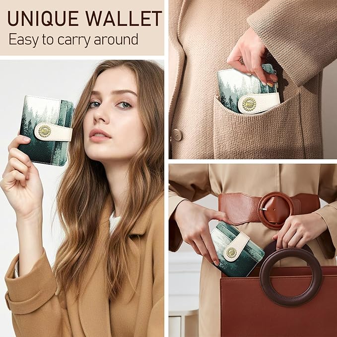 Kelvoris Forest Tree Small Rfid Women Wallet Bifold Zipper Coin Pocket PU Leather Compact Cash Credit Card Holder Travel Wallet for Female Ladies Teen Girls 1 ID Window 10 Card Slots