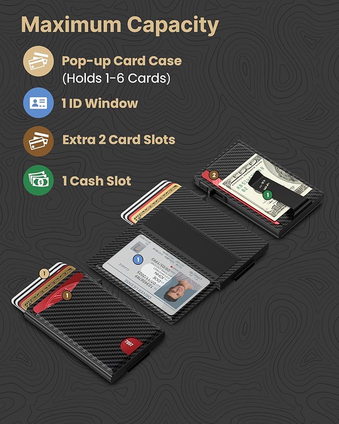 typecase Flip Pop Up Wallet for Men Card Holder: Smart Privacy & ID Display Mode, RFID Blocking, Slim Genuine Leather, Minimalist Front Pocket - 8 Card Capacity | ID Window | Money Clip (Carbon Fiber)
