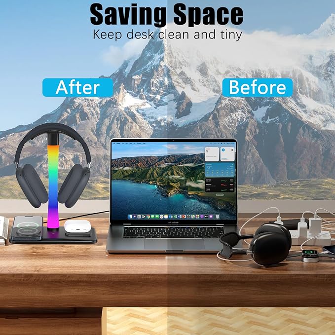 Headphone Stand with Wireless Charger,Gaming Headset stand with RGB Light Mode,For Airpod Max Stand Compatible with Airpod Pro/3/2,For iPhone 17/16/15/14/13/12/11,Gifts for Gamers & Music Lover(Black)