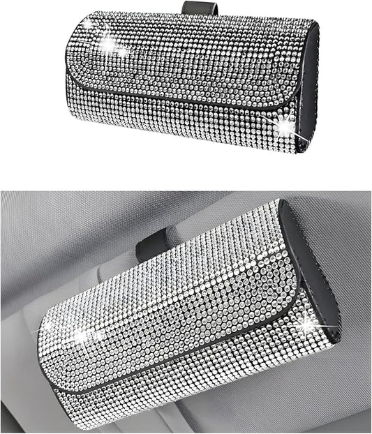Ohleats Bling Sunglasses Holder for Sun Visor, Sparkling Glasses Sun Visor Organizer Case with Hidden Magnetic Closure, Auto Visor Crystal Eyeglasses Storage Case, Car Accessories (Bling White)