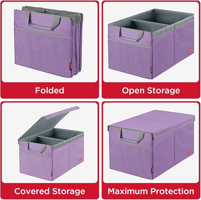 Rubbermaid Car Organizer, Collapsible Trunk Organizer, Multi-Compartment Car Storage Organization for Car Accessories, 2 Compartments With Cover, 21.65"*14.17"*12.2" - Purple