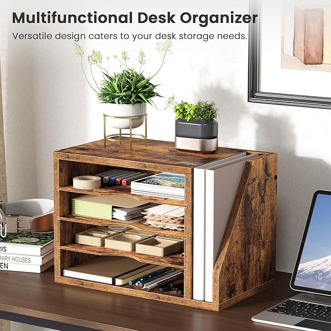 Creso hom Mail Sorter, File Organizer Desktop, Wood Desk Organizer with 3 Adjustable Shelves, Mail Holder for Office, Home, Letter Sorter File Holders for Envelopes, Supplies Magazines, Rustic Brown