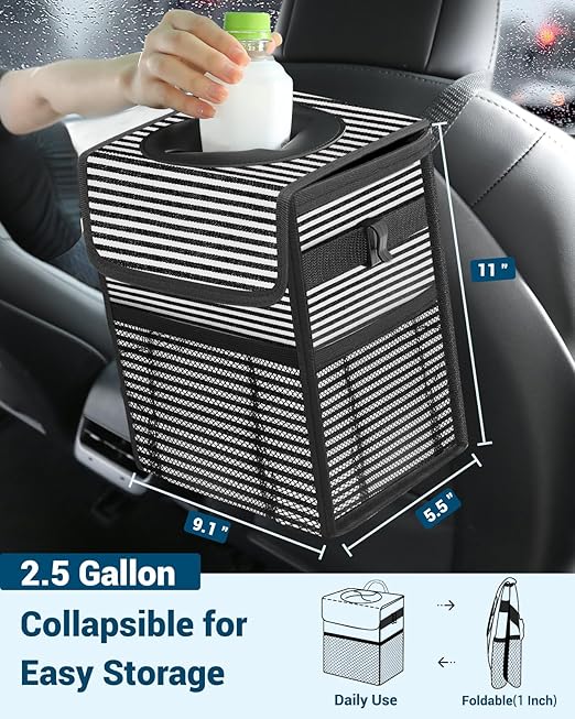 Capolo Car Trash Can with Lid, Leakproof Car Trash Bag Hanging Waterproof Automotive Garbage Can with Storage Pockets Mini Vehicle Trash Bin for Back/Front Seat(Stripe,2.5 Gallon)