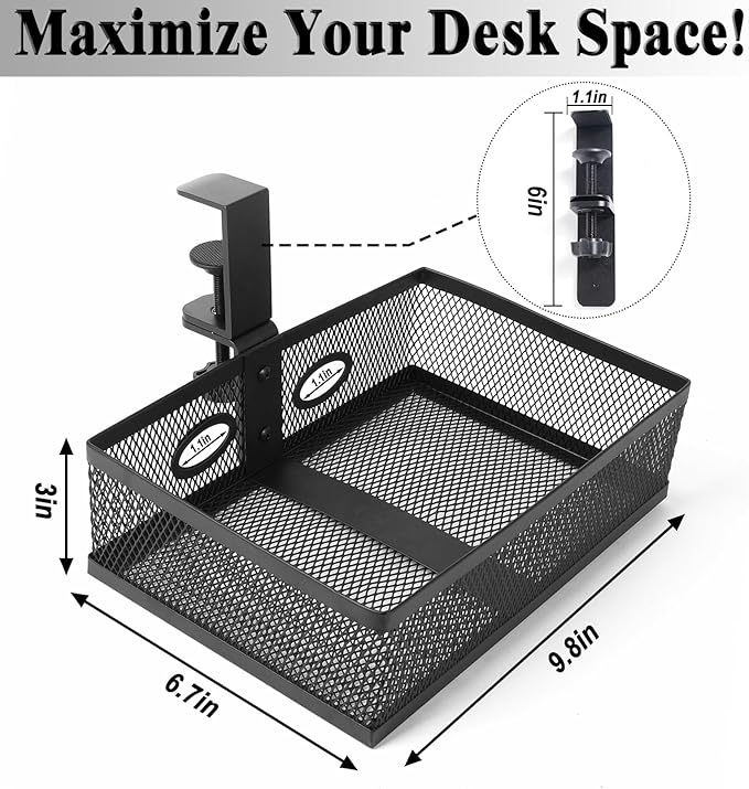 Under Desk Organizer 360° Swivel,under Desk Drawer, Clamp-On No Drill Installation,Sturdy Mesh Storage Drawer for Office,Drawing Room and Kitchen Room,Art Supplies and More(Without Cup Holder)