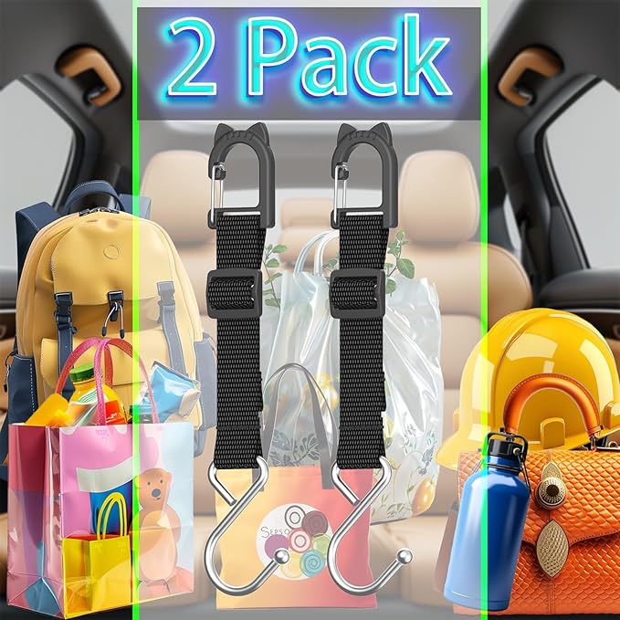 Car Purse Hook Holder, Car Hooks for Headrest, S-Shaped Heavy-Duty (100 LBS Load) Metal Hooks, Baseball Bag Hook for Fence, 2 Packs.