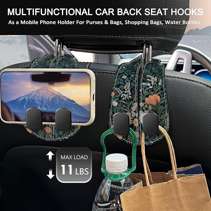 Blusabaca 2PCS Car Hooks for Purses Bags, Weeds Floral Flowers Wildflowers Plants Seat Back Storage Headrest Holder Hanger PU Leather Double Backseat Organizer, Women Car Accessories Organization