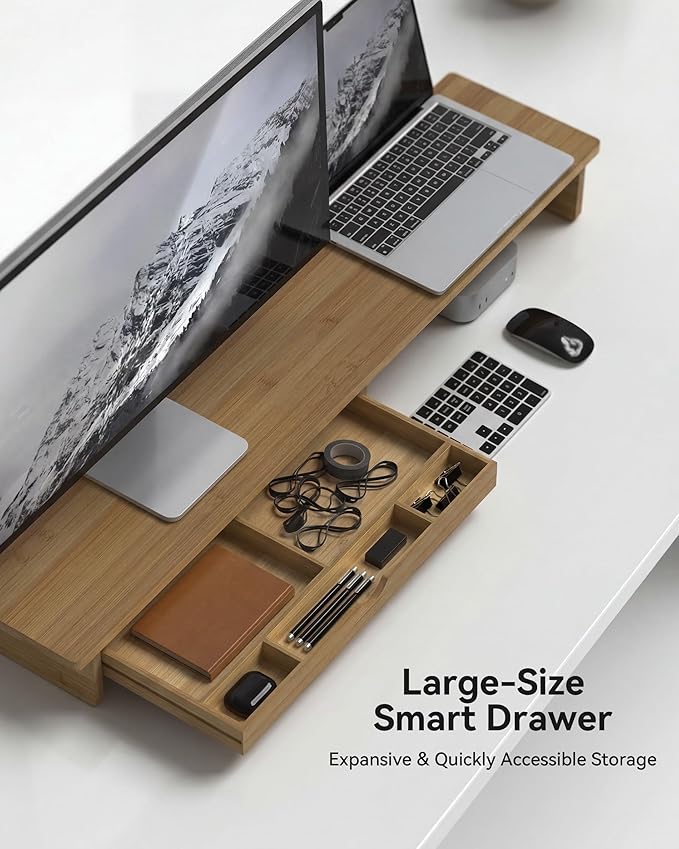 Bamboo Monitor Stand with Large Storage Drawer, 42 Inch Ergonomic Computer Riser for Desk, Screen Shelf with 5 Compartments for Keyboard & Stationery Organization Keyboard Storage,Dark Bamboo