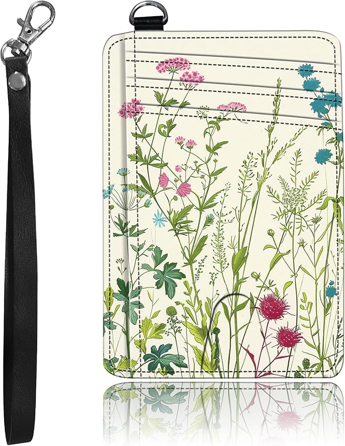 Slim Minimalist Front Pocket Wallet,Credit Card Holder Wallet for Women Men,RFID Blocking Credit Card Holder Case Leather Cute Small Thin Wallet ID Window&Wrist Strap,Flower Floral Plant