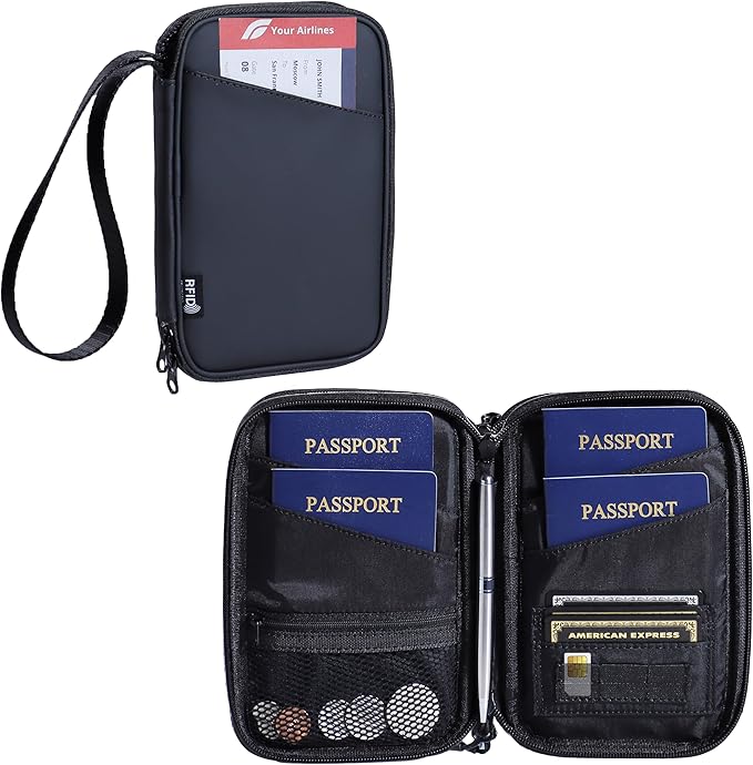 family passport holder for 4 multiple passport bag passport wallet for travel passport cover rfid blocking for women waterproof wallet with zipper passport case for men (solid black)